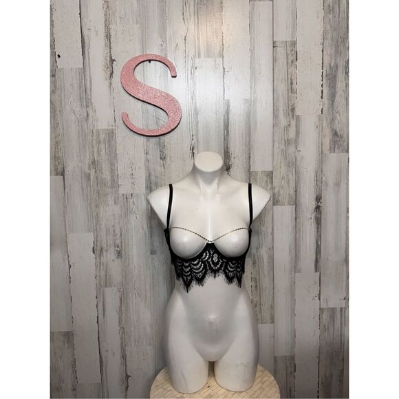 Black Lace Bralette Sheer Festival Crop Top / Lingerie Layering Small - Picture 1 of 4